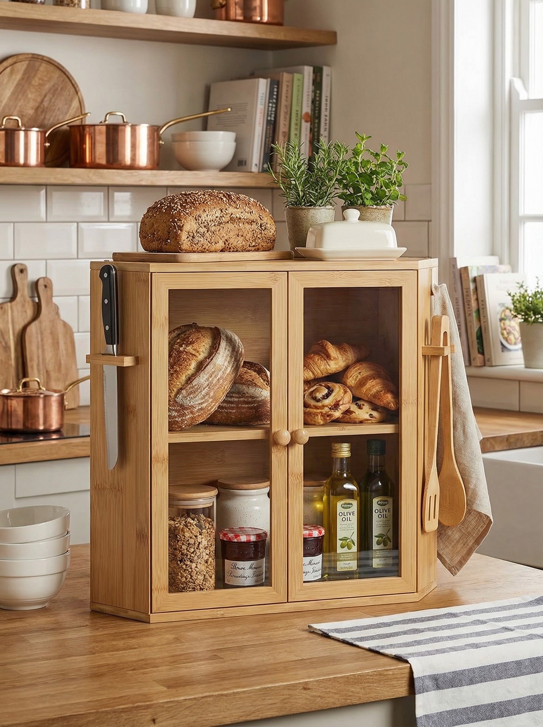 2-Tier Bamboo Bread Box with Clear Doors