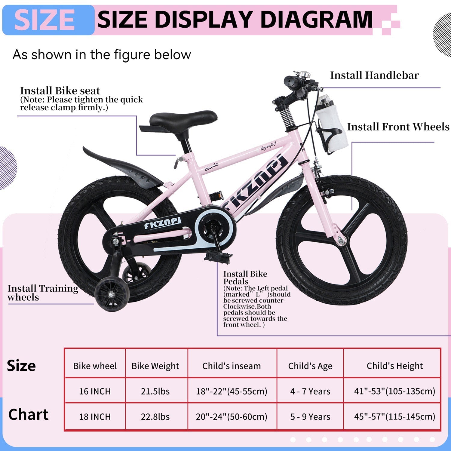 16–18 Inch Kids Bike with Training Wheels – Pink or Purple