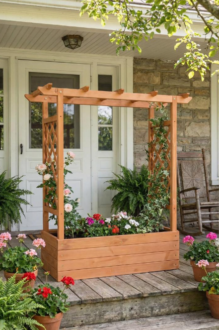 Raised Wooden Planter Box with Tall Trellis