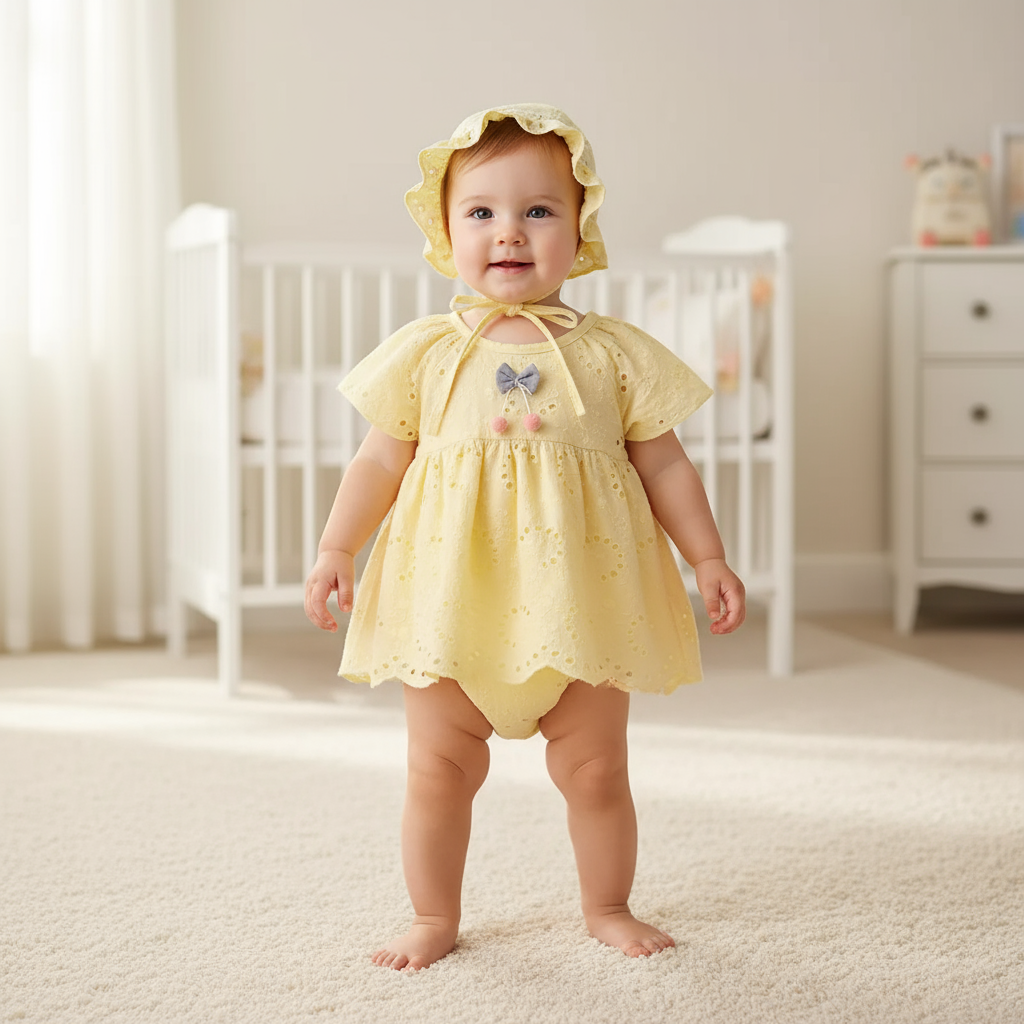 Baby Girl Cotton Romper Dress with Matching Sun Hat