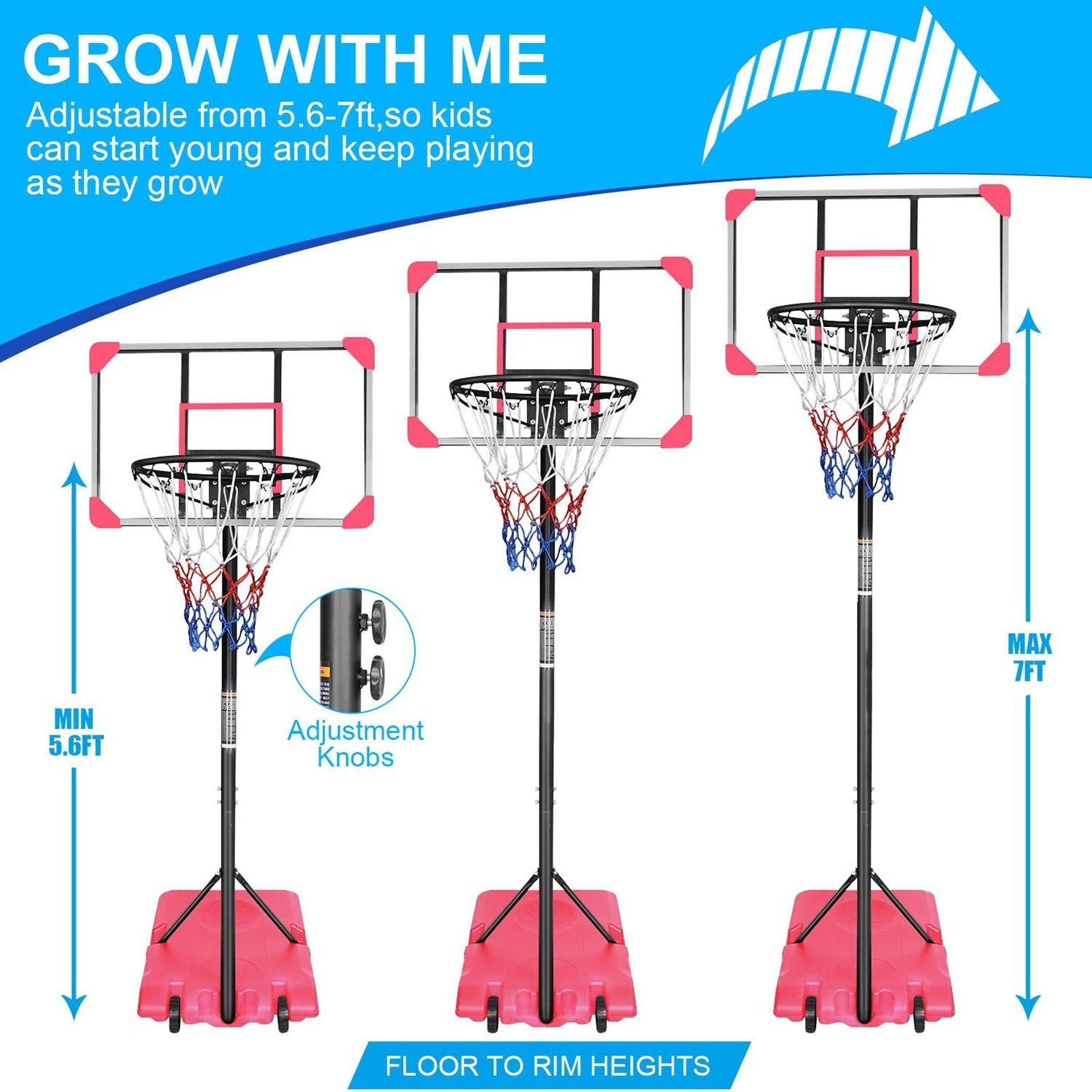 Kids Adjustable Basketball Hoop – Blue or Pink, 5.6–7 ft