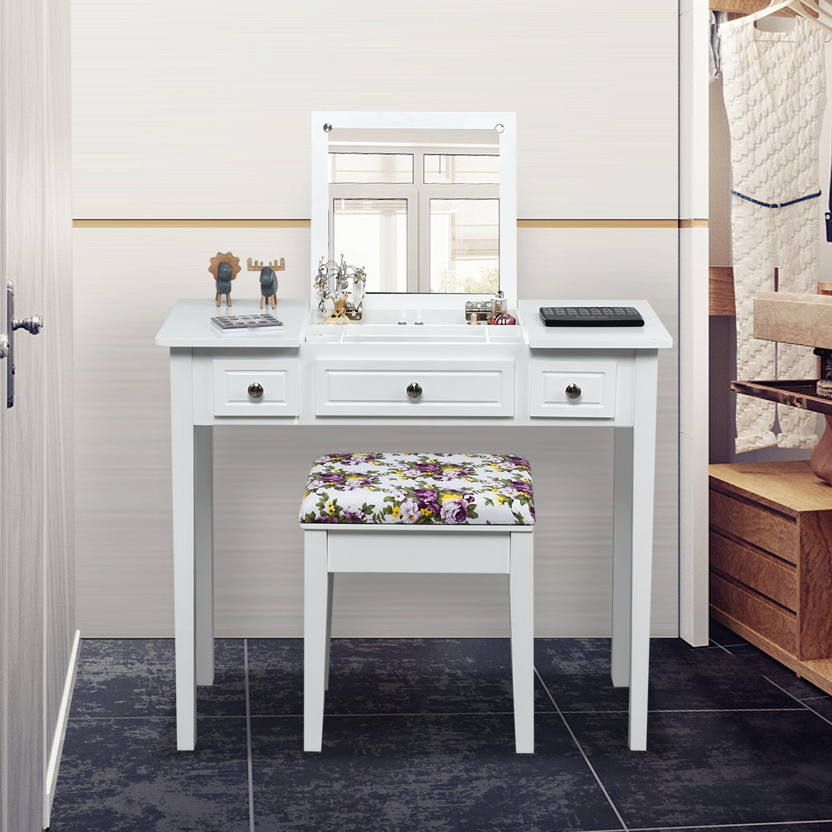 Vanity Table with Flip-Top Mirror & 3 Drawers
