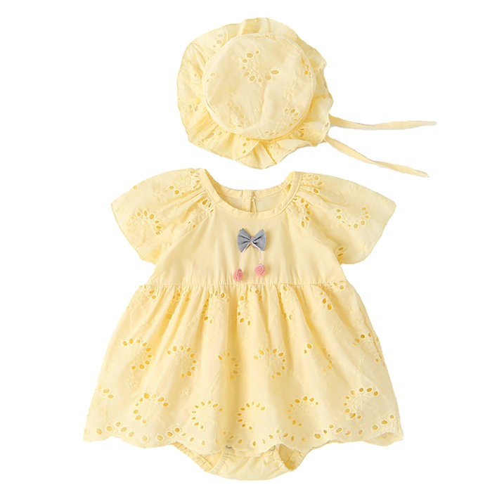 Baby Girl Cotton Romper Dress with Matching Sun Hat