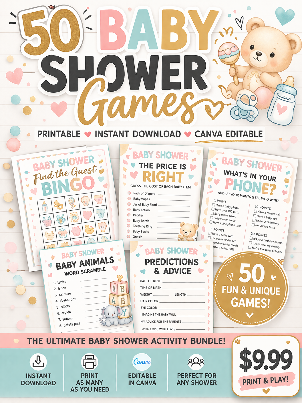 50 Baby Shower Games Printable Bundle
