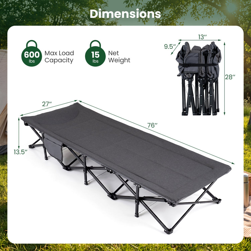 Heavy-Duty Camping Cot with Pillow & Storage Pouch – Gray