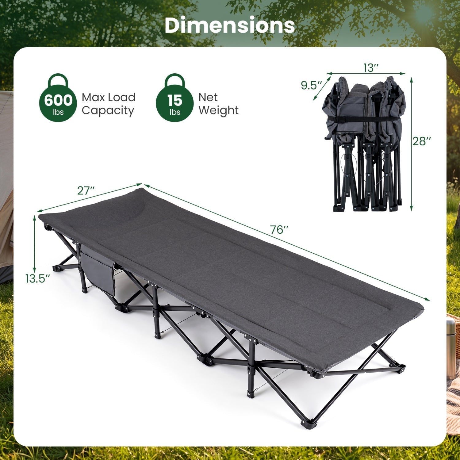 Heavy-Duty Camping Cot with Pillow & Storage Pouch – Gray