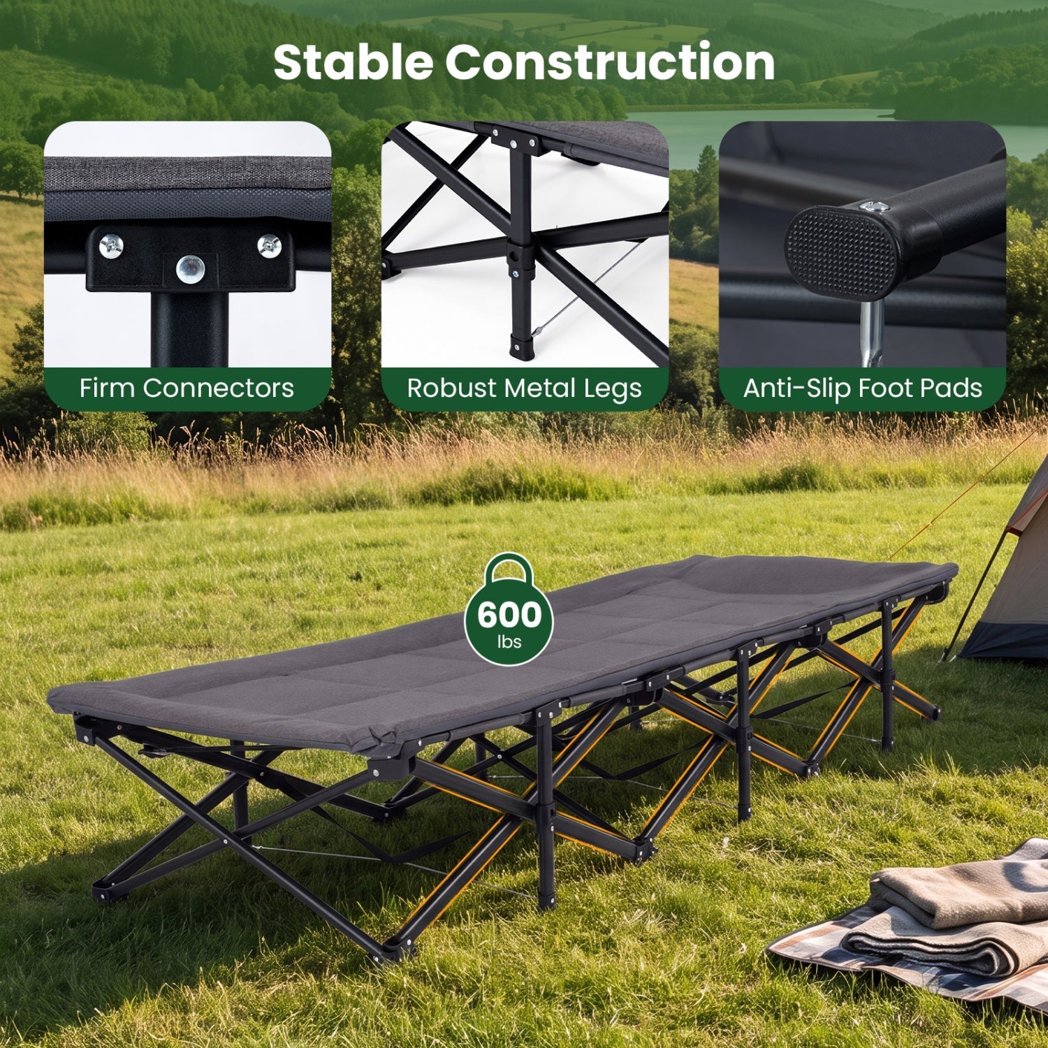 Heavy-Duty Camping Cot with Pillow & Storage Pouch – Gray