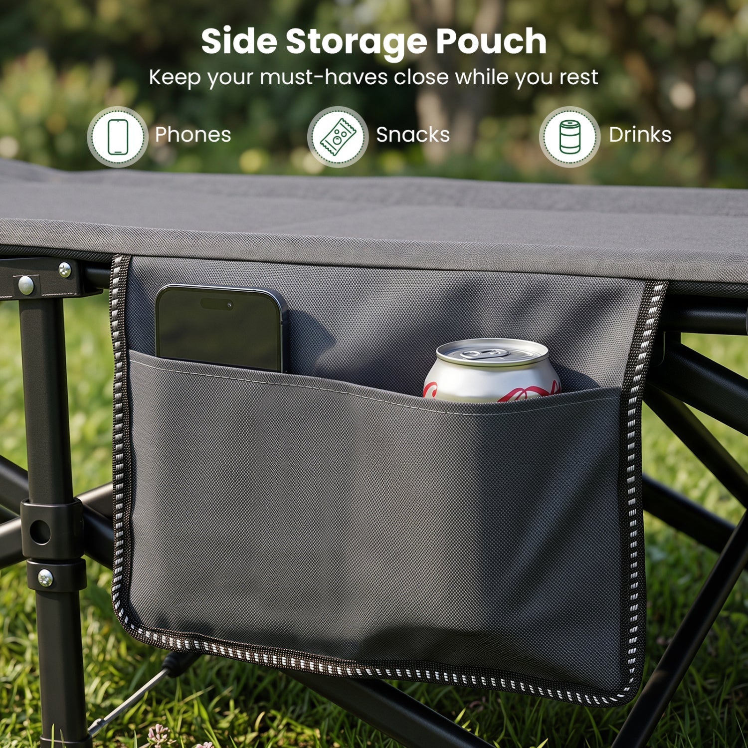Heavy-Duty Camping Cot with Pillow & Storage Pouch – Gray