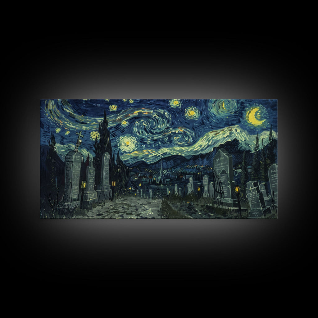 Haunted Graveyard Starry Night Framed Canvas Print