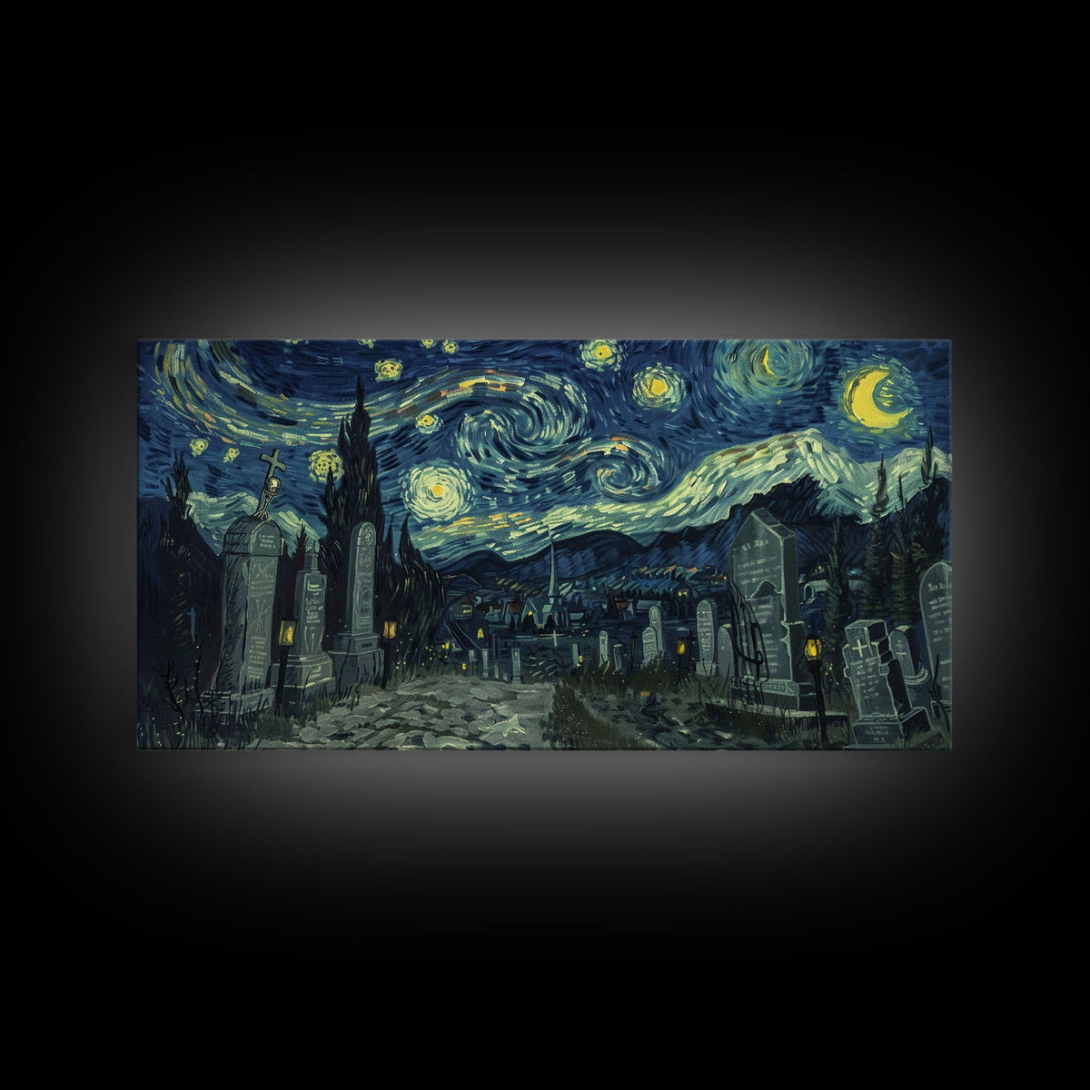 Haunted Graveyard Starry Night Framed Canvas Print