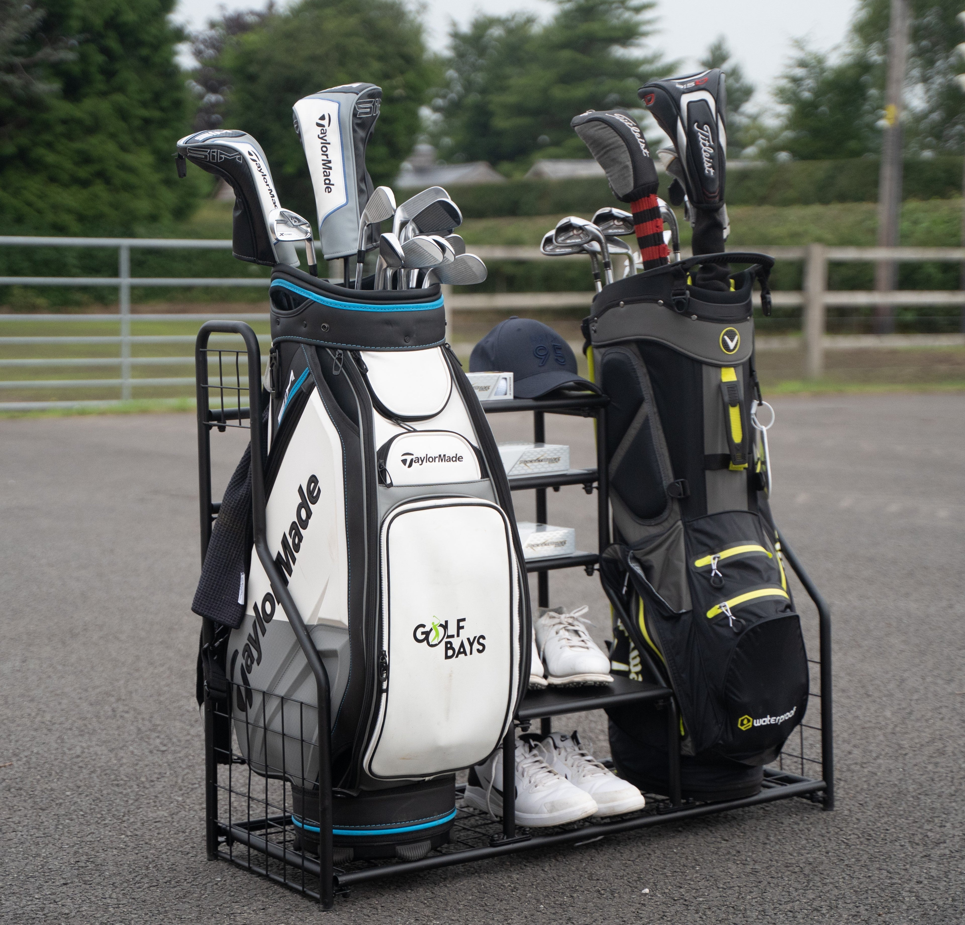 GolfBays Dual Golf Bag Display Storage Organizer