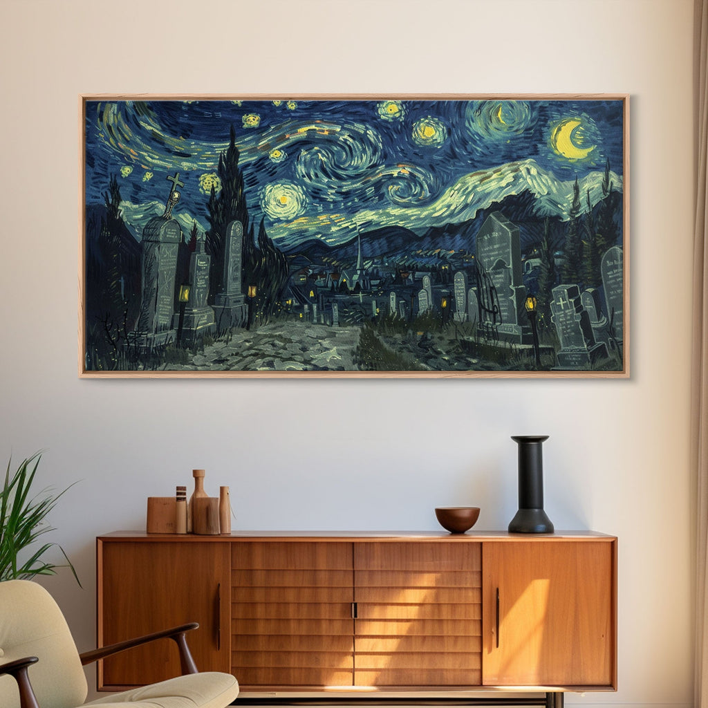 Haunted Graveyard Starry Night Framed Canvas Print