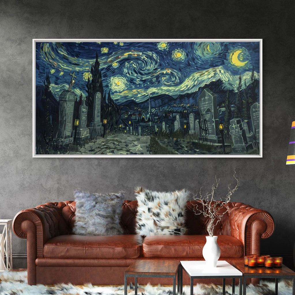 Haunted Graveyard Starry Night Framed Canvas Print