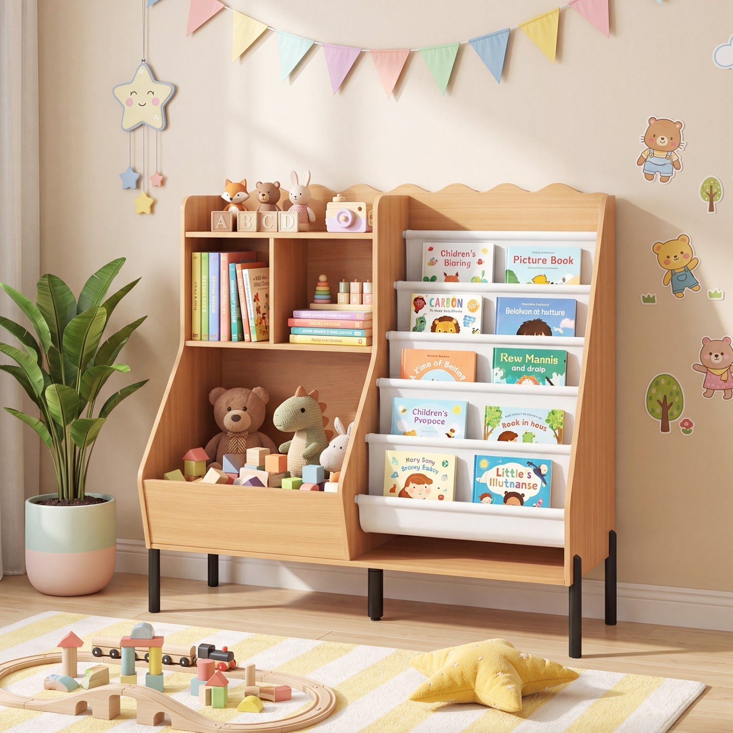 Kids Bookshelf & Toy Organizer with 5 Fabric Pockets