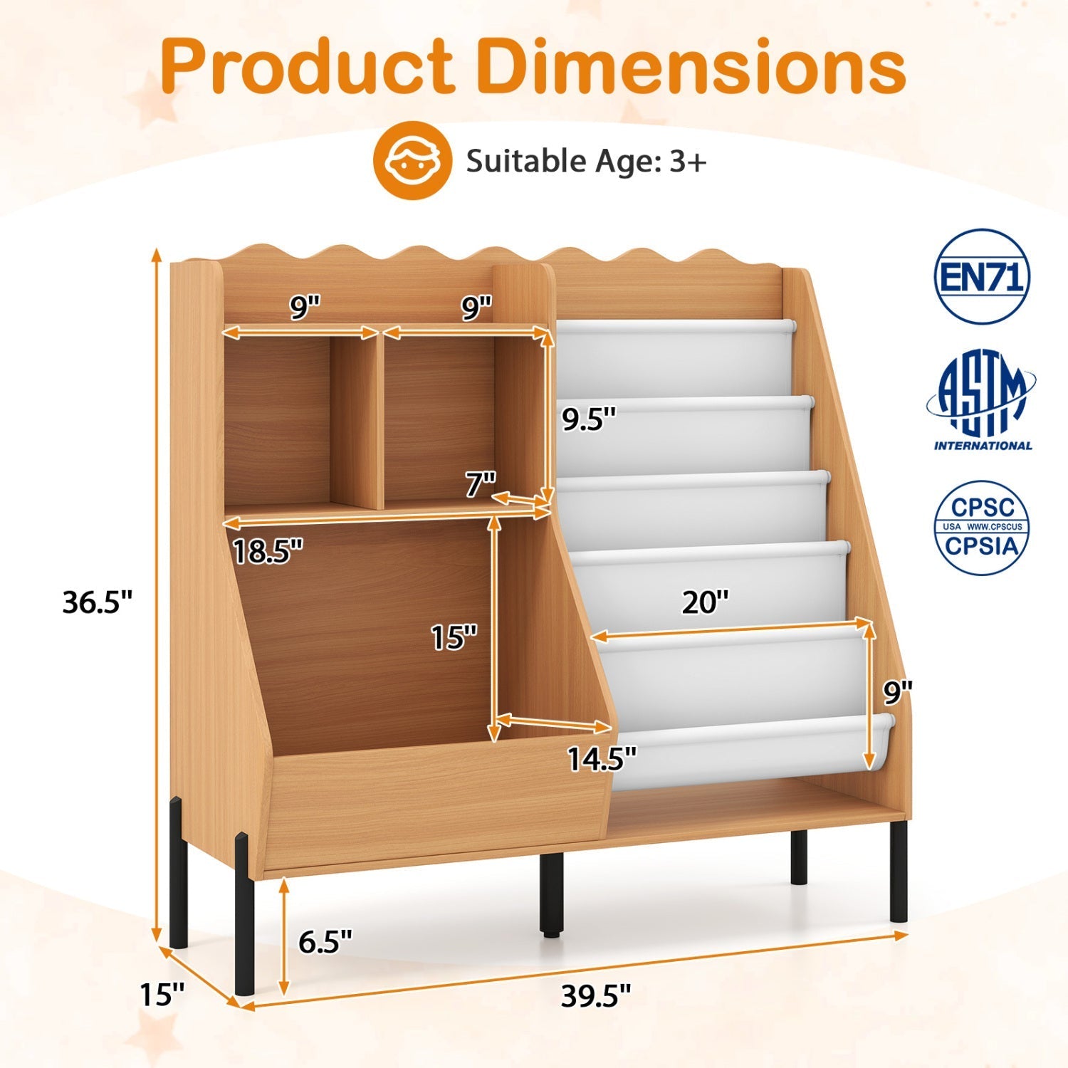 Kids Bookshelf & Toy Organizer with 5 Fabric Pockets