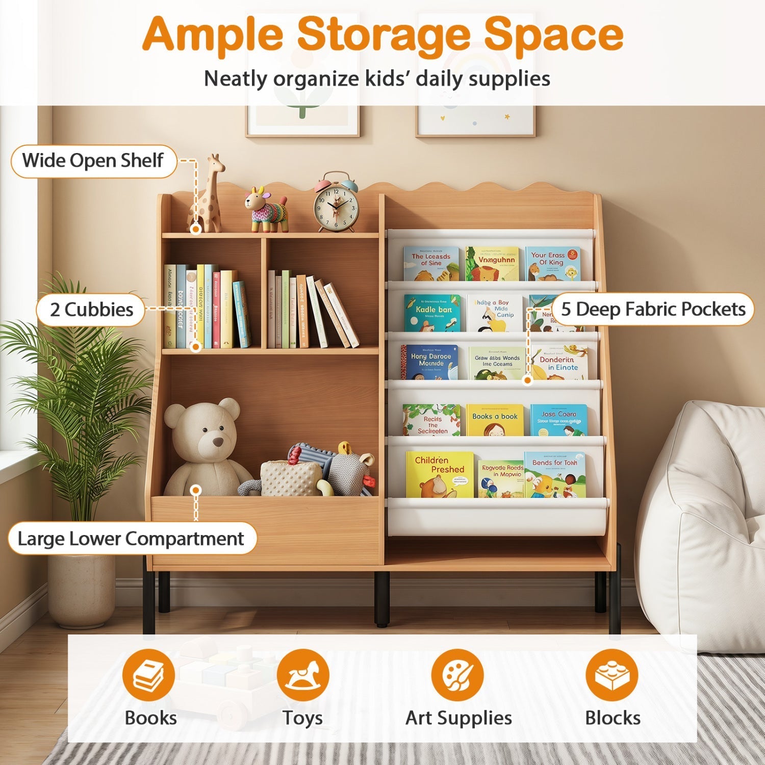 Kids Bookshelf & Toy Organizer with 5 Fabric Pockets