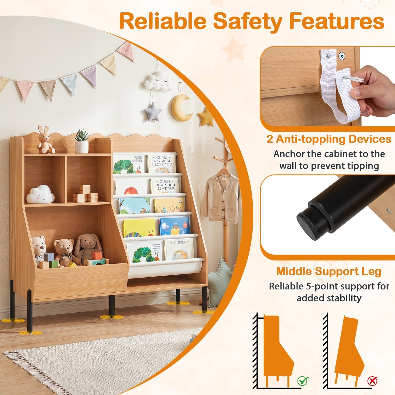 Kids Bookshelf & Toy Organizer with 5 Fabric Pockets