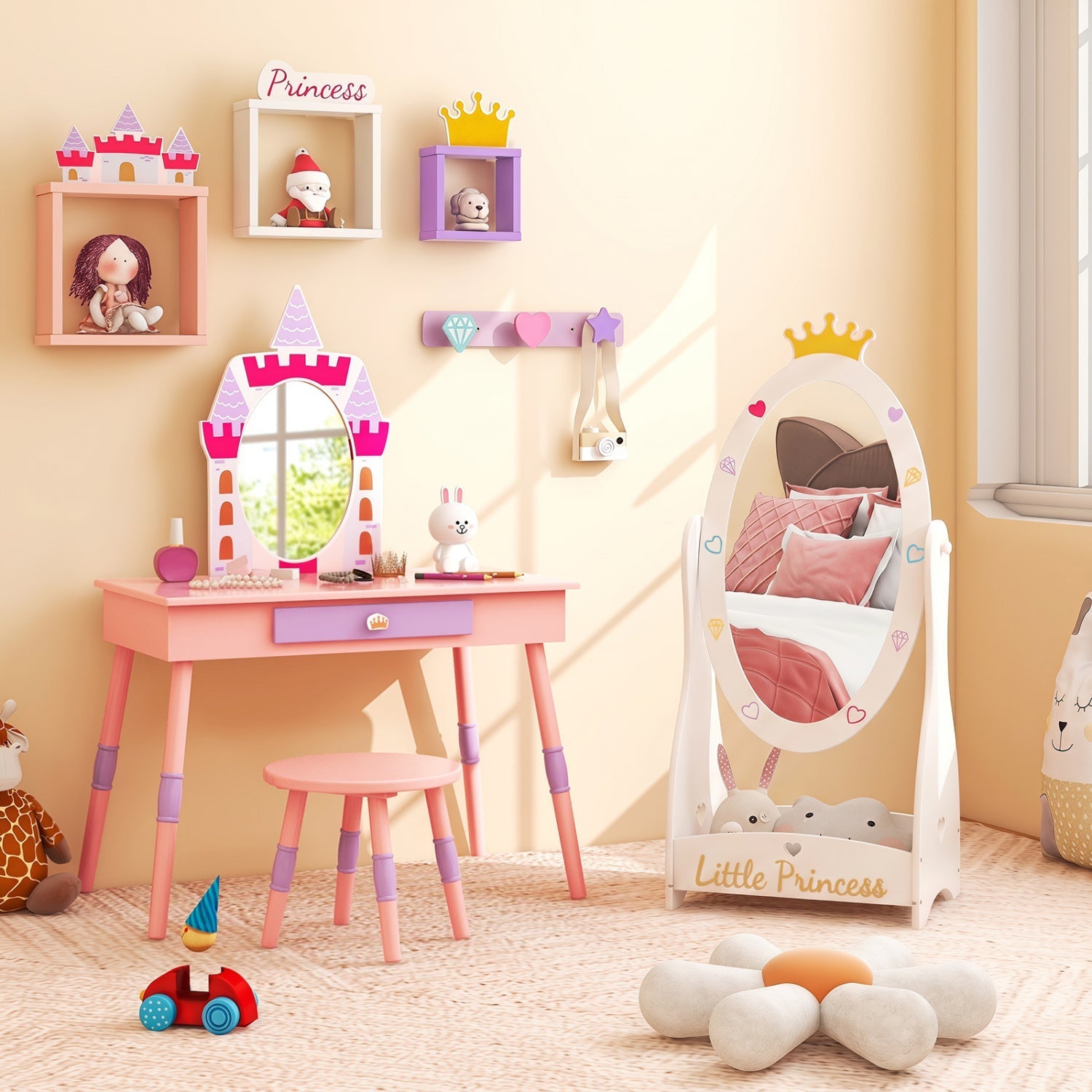 Kids Full Length Mirror with Rotatable Design and Shelf