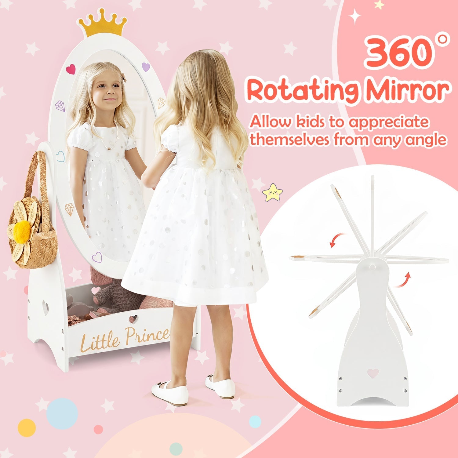 Kids Full Length Mirror with Rotatable Design and Shelf