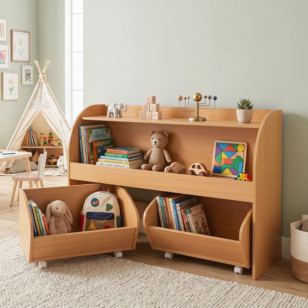 Kids Storage Organizer with Rolling Drawers & Bookshelf