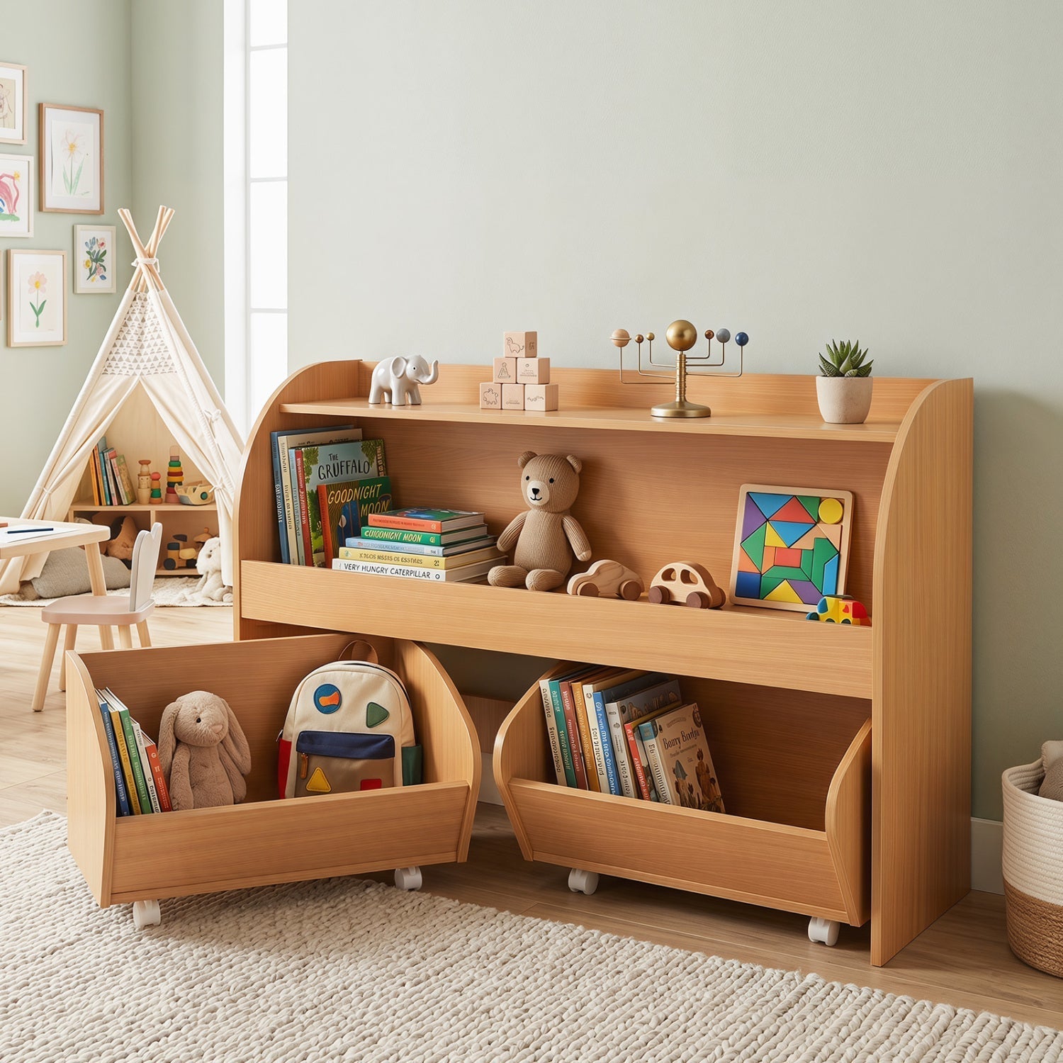 Kids Storage Organizer with Rolling Drawers & Bookshelf