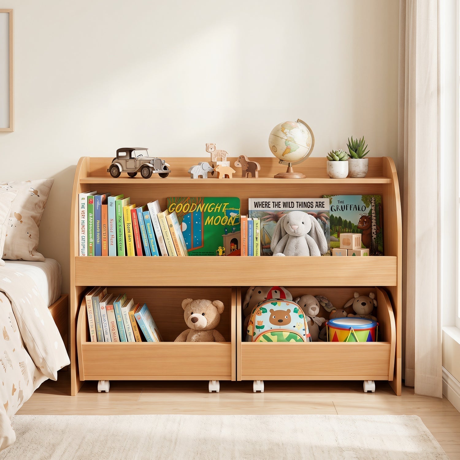 Kids Storage Organizer with Rolling Drawers & Bookshelf
