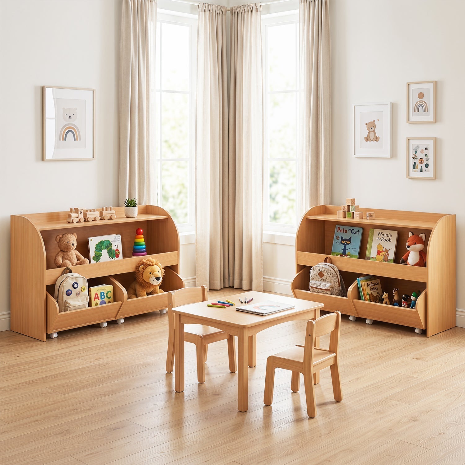 Kids Storage Organizer with Rolling Drawers & Bookshelf
