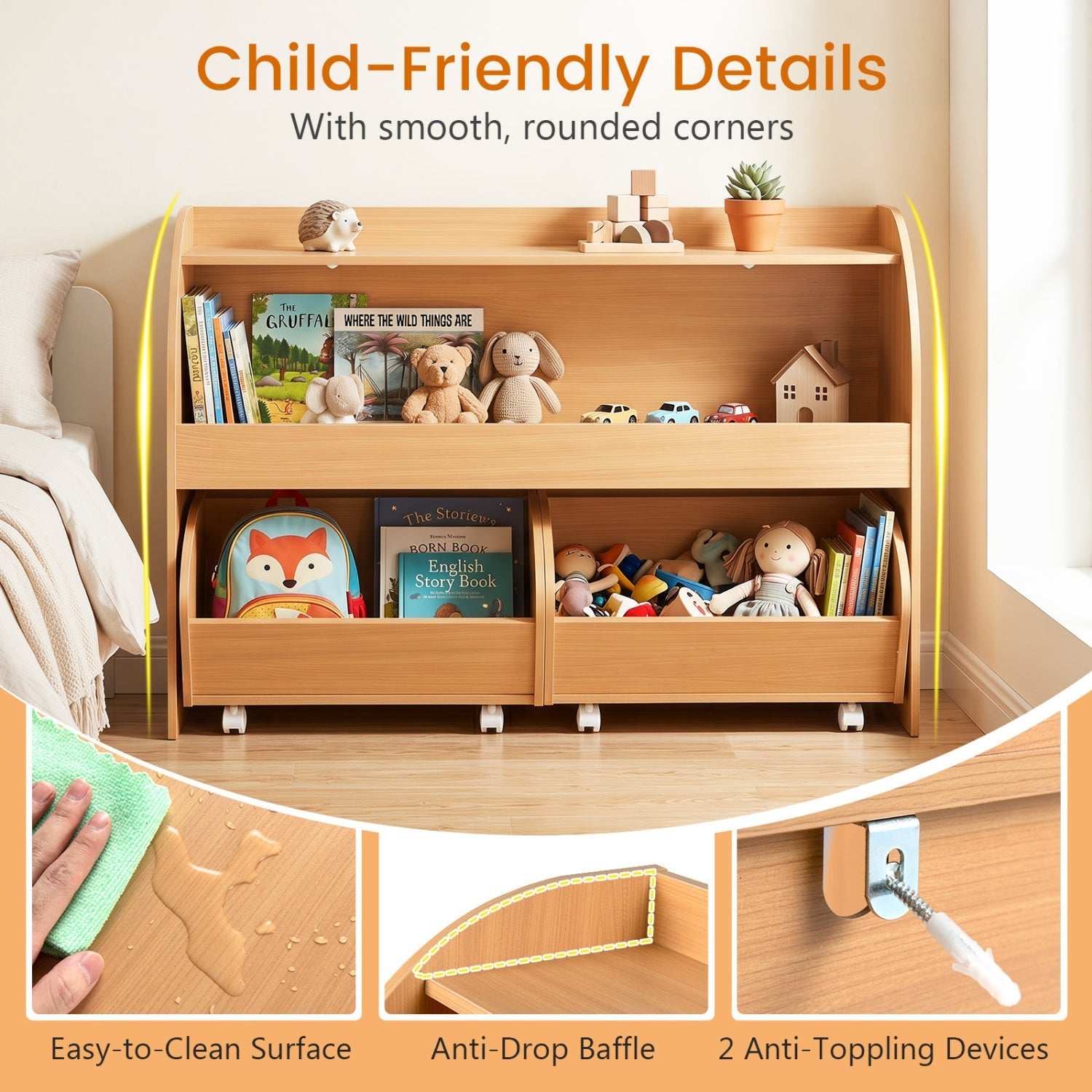 Kids Storage Organizer with Rolling Drawers & Bookshelf