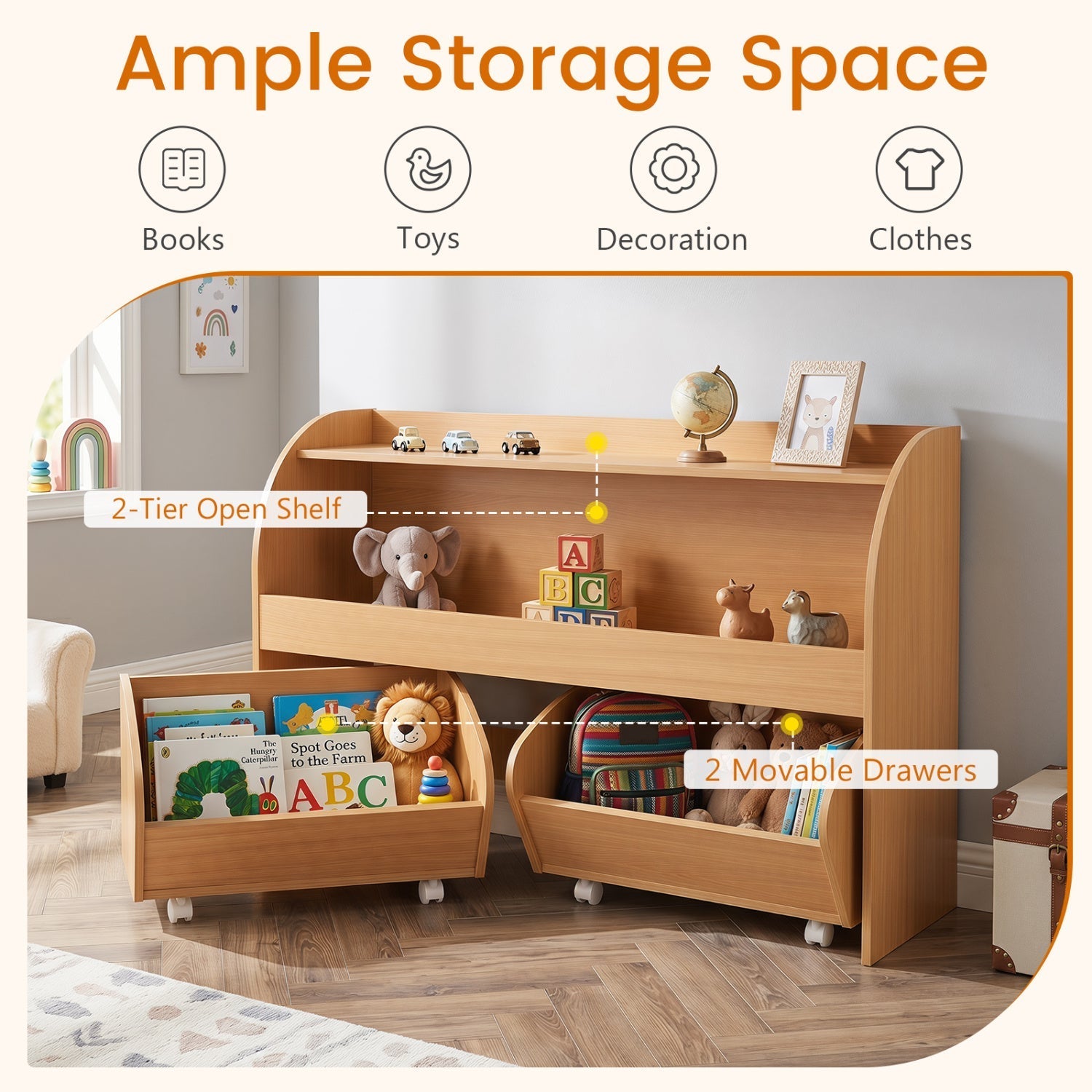 Kids Storage Organizer with Rolling Drawers & Bookshelf