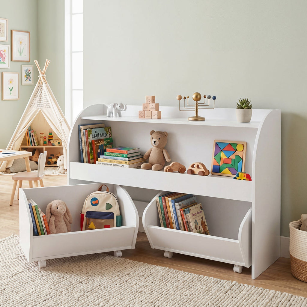 Kids Storage Organizer with Rolling Drawers & Bookshelf