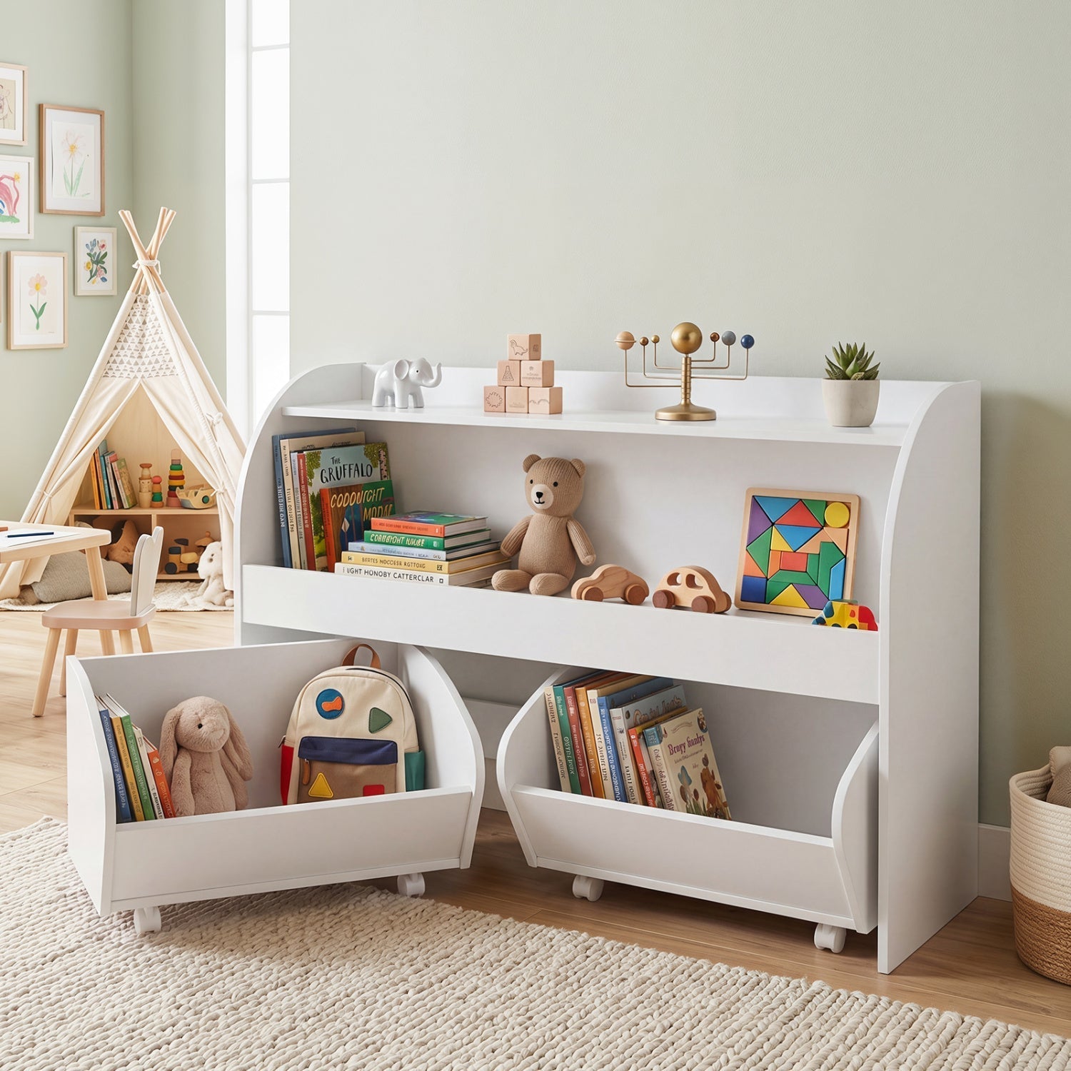Kids Storage Organizer with Rolling Drawers & Bookshelf