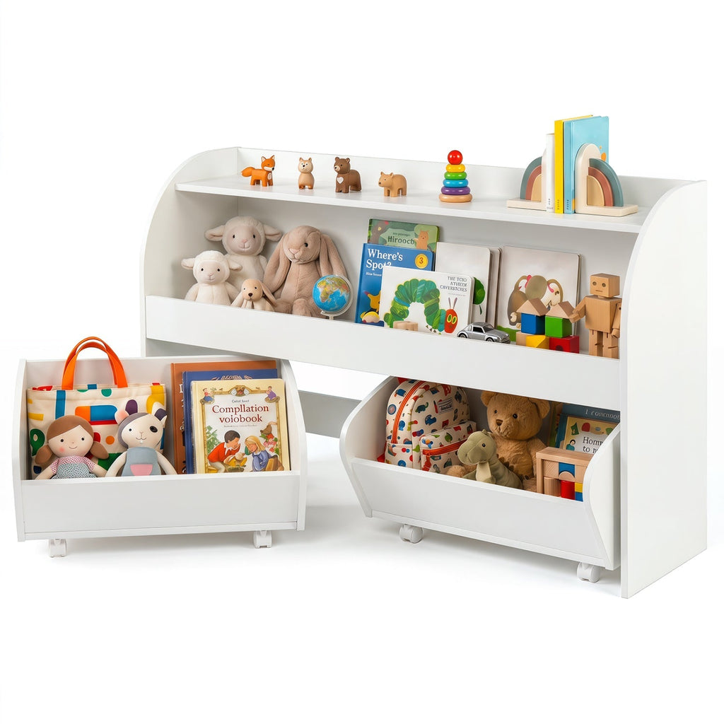Kids Storage Organizer with Rolling Drawers & Bookshelf