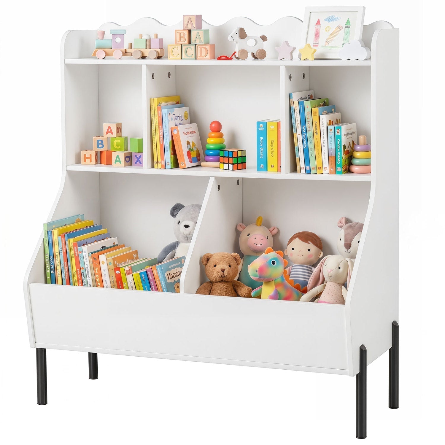 Kids Toy Storage Organizer with 5 Cubes and Bookshelf