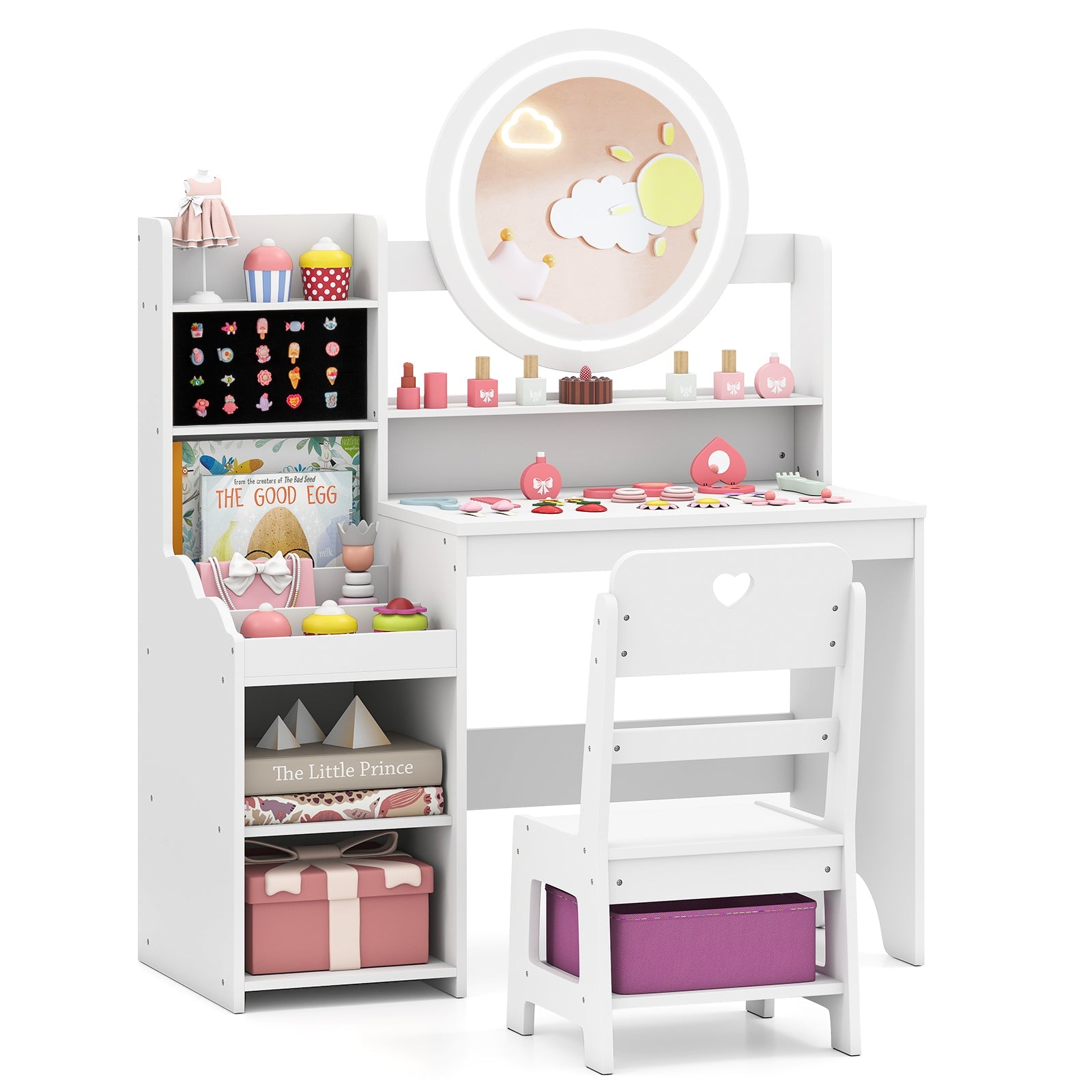 Kids Vanity Desk & Chair Set with Lighted Mirror