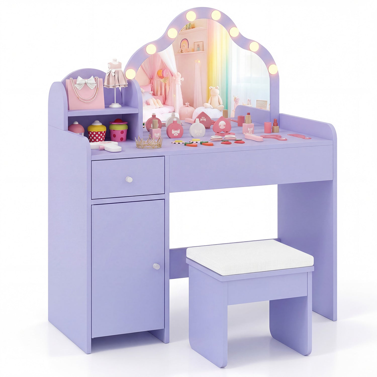 Purple Kids Vanity Desk with Lighted Mirror