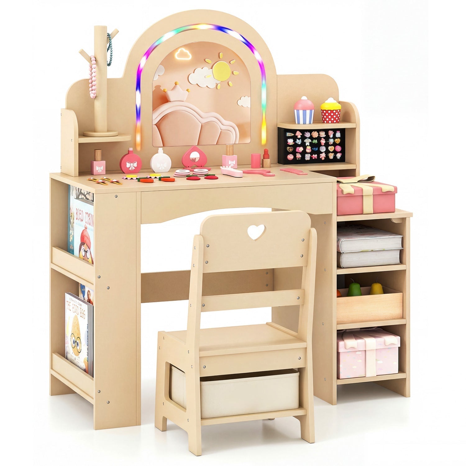 Kids Vanity Set with LED Mirror and Chair - Natural