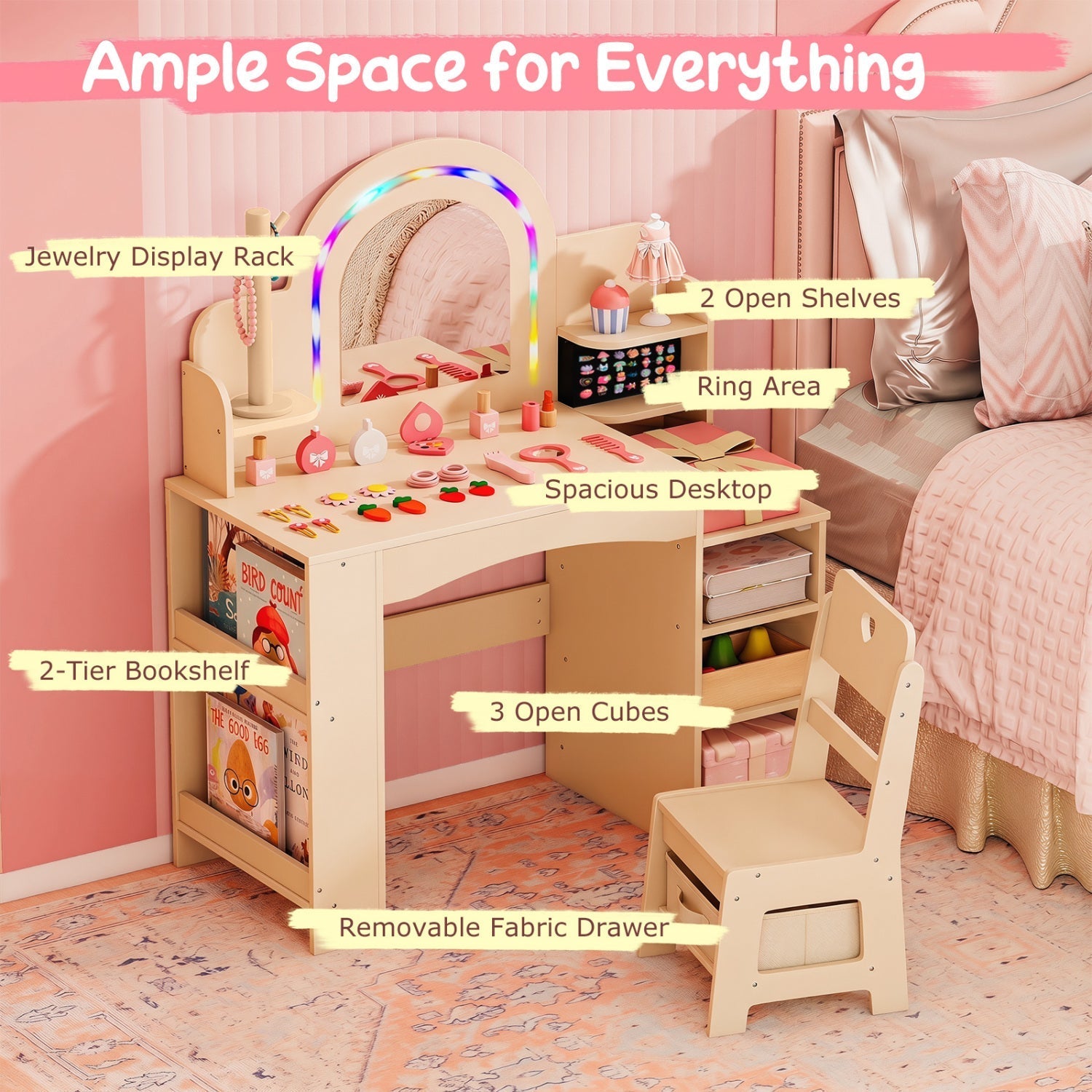 Kids Vanity Set with LED Mirror and Chair - Natural