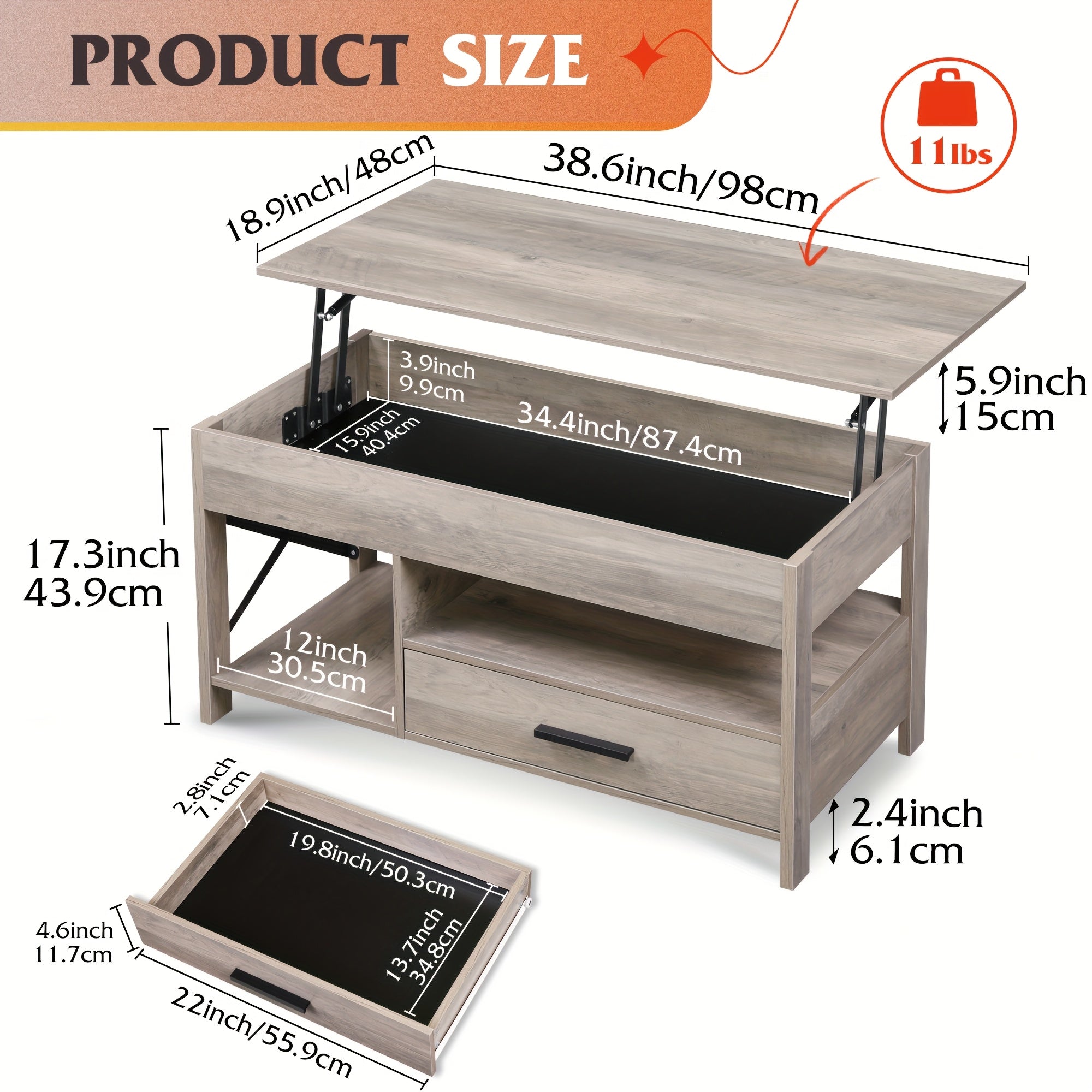 Lift-Top Coffee Table with Drawer & Shelf