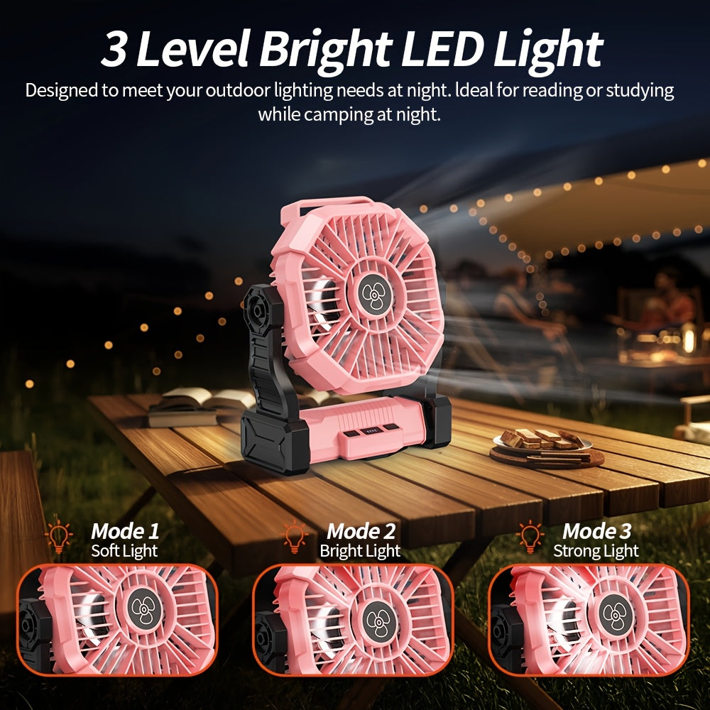 Rechargeable Camping Fan with LED & Hook