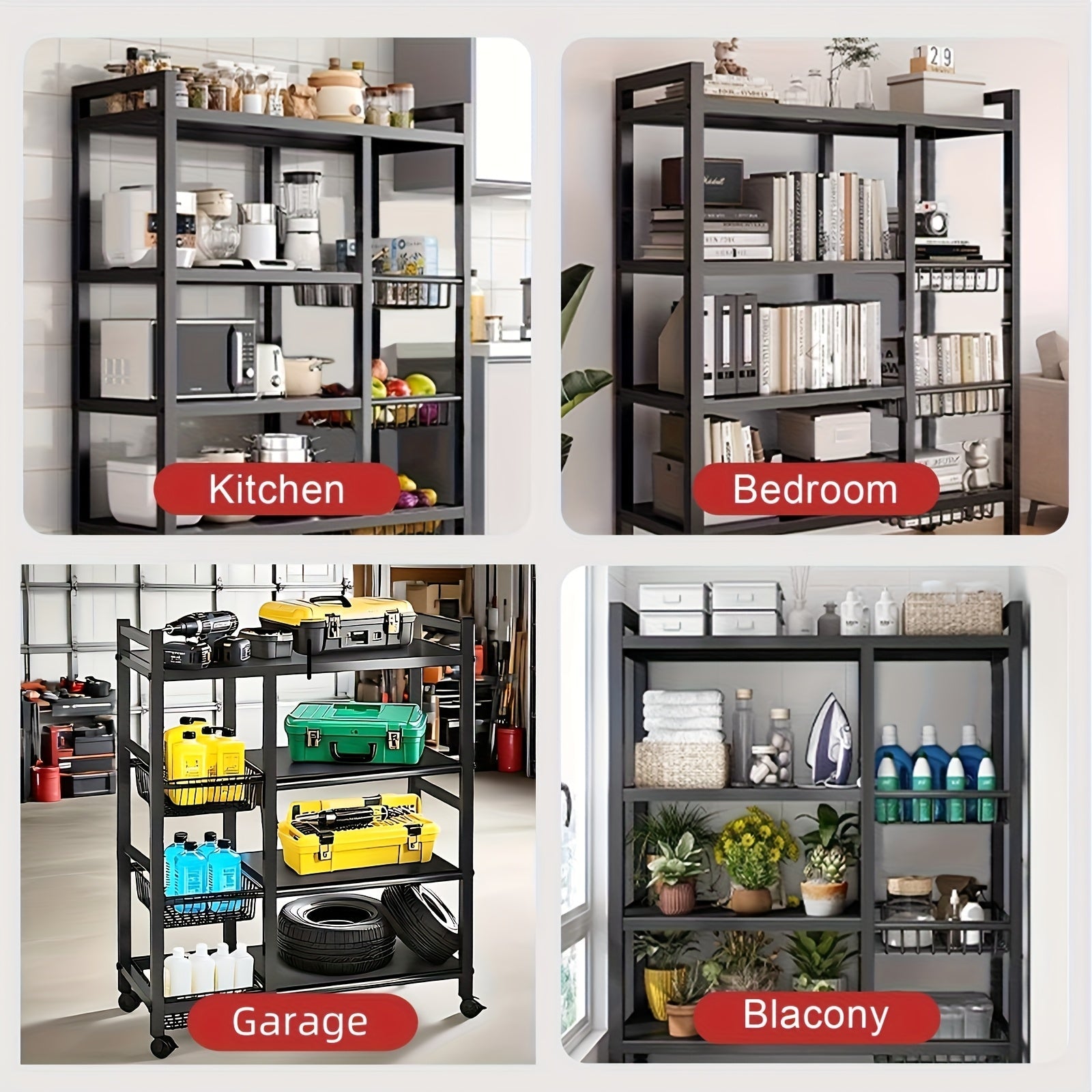 4-Tier Rolling Metal Storage Rack with Baskets