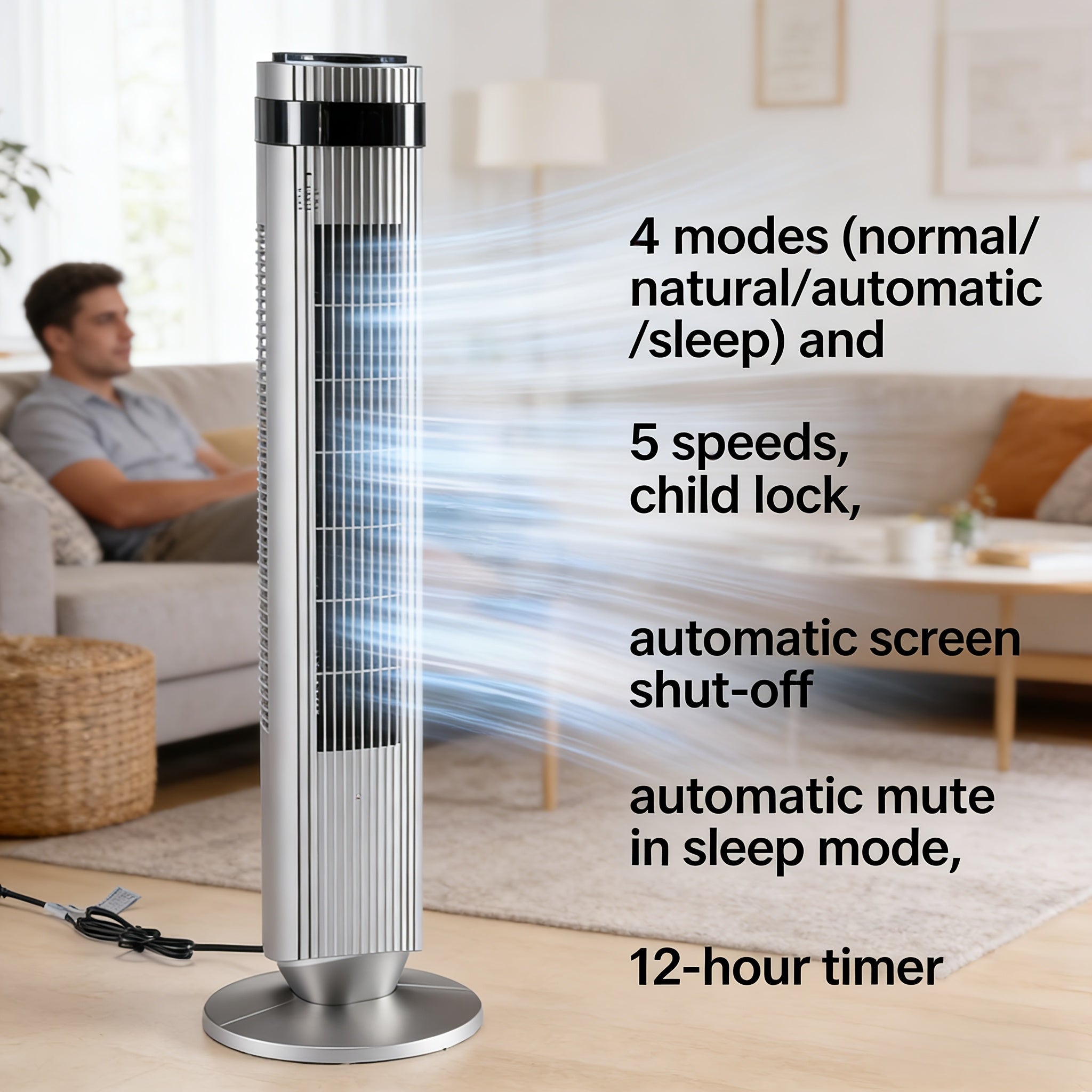 Bladeless Tower Fan with Remote & 12H Timer