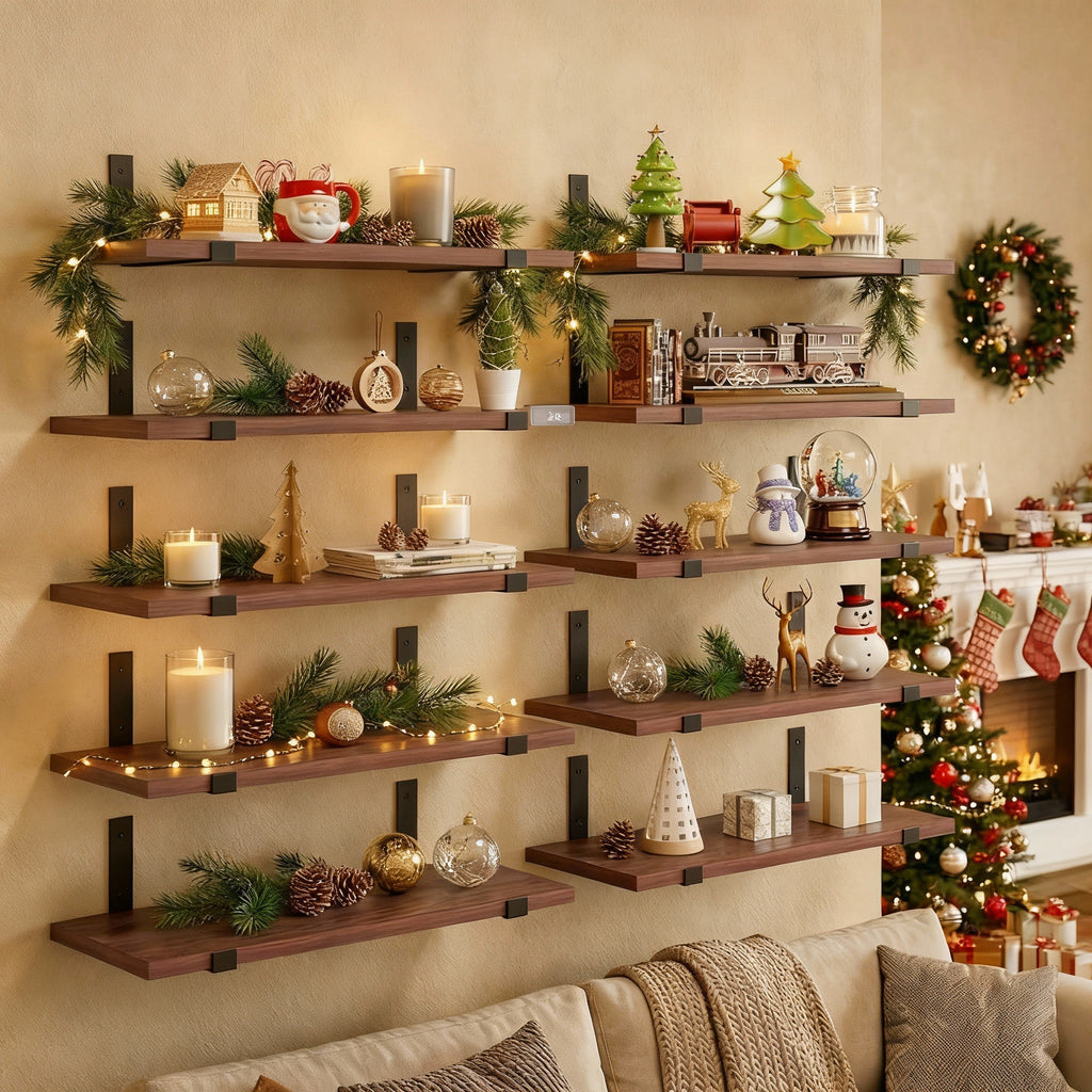 Rustic Wall Shelves with Metal Brackets – 5/8 Pack