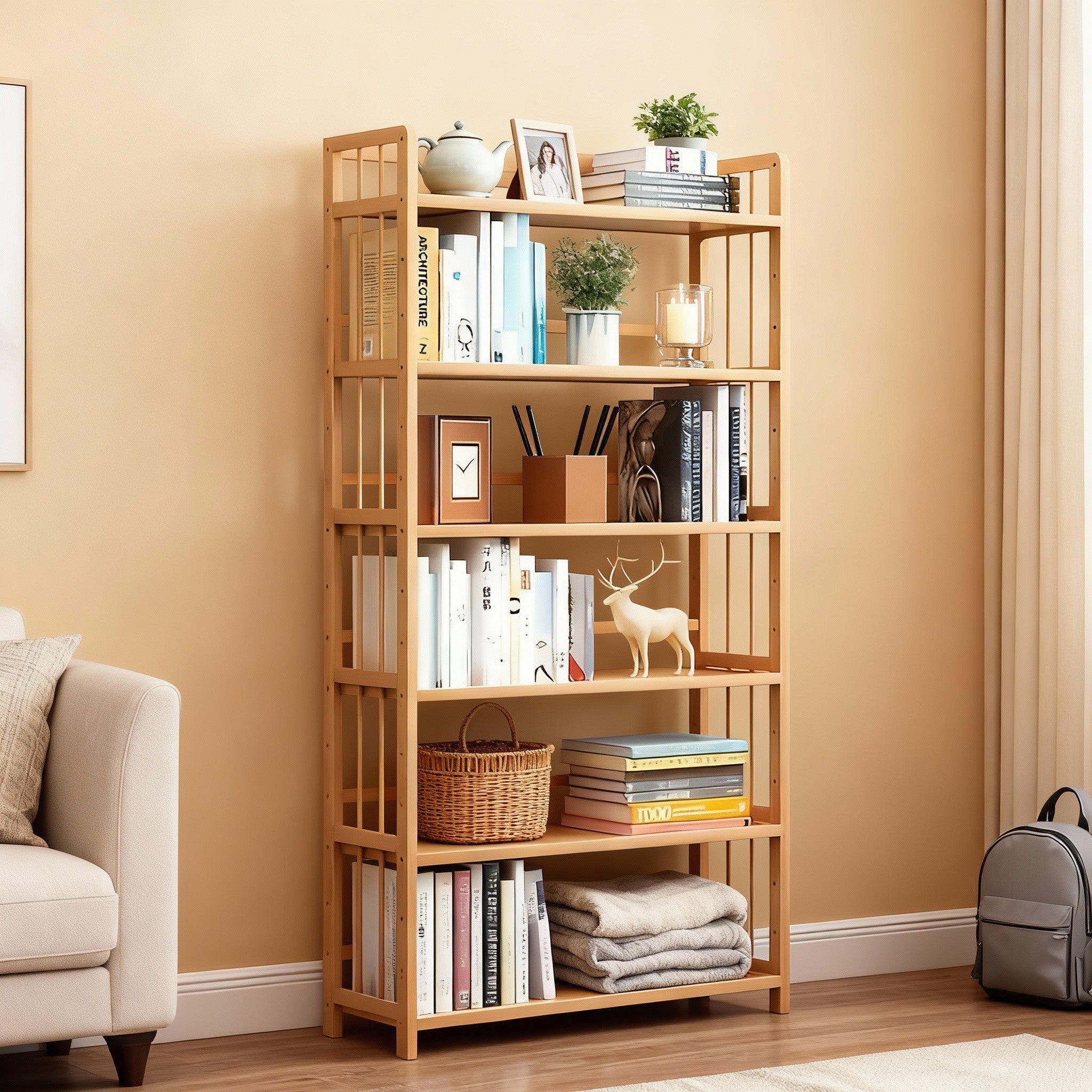Tall Bamboo Bookshelf with Adjustable Shelves