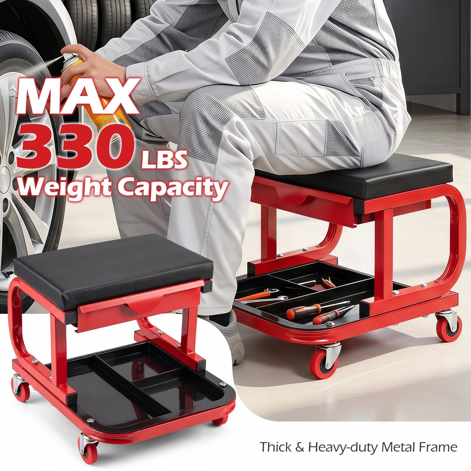 Mechanic Rolling Stool with Magnetic Drawer – product view 7