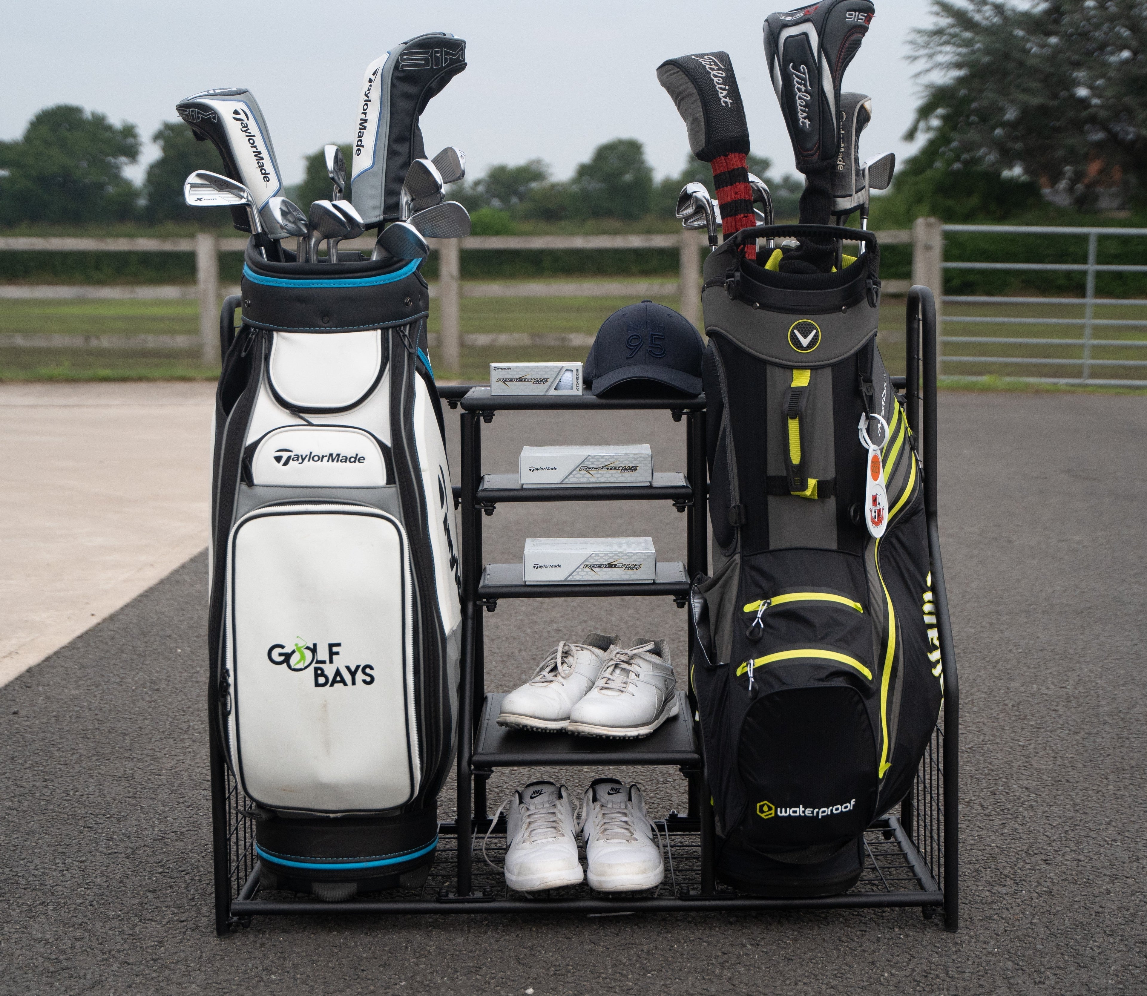 GolfBays Dual Golf Bag Display Storage Organizer