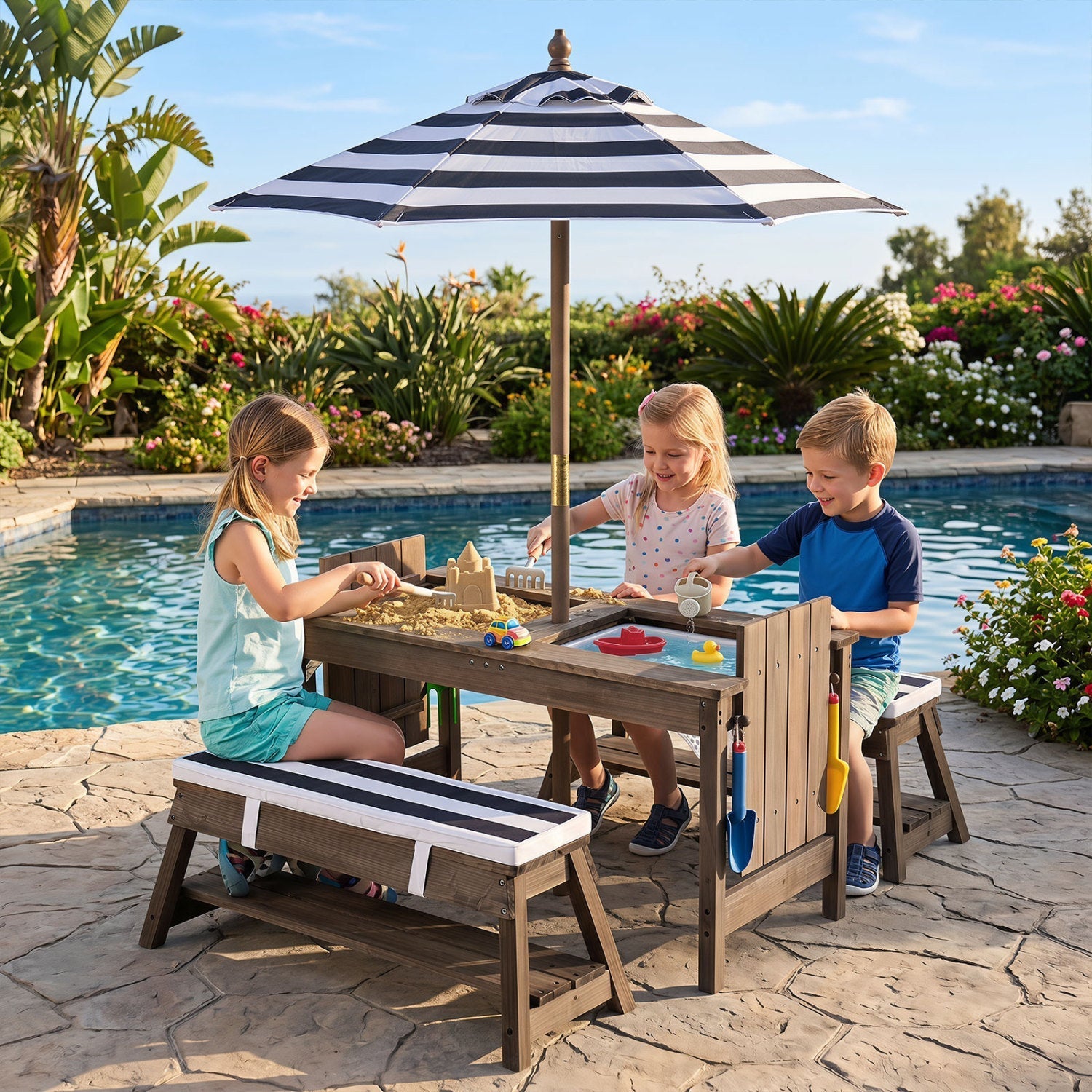 Kids Wooden Picnic Table with Umbrella & Sand/Water Bins
