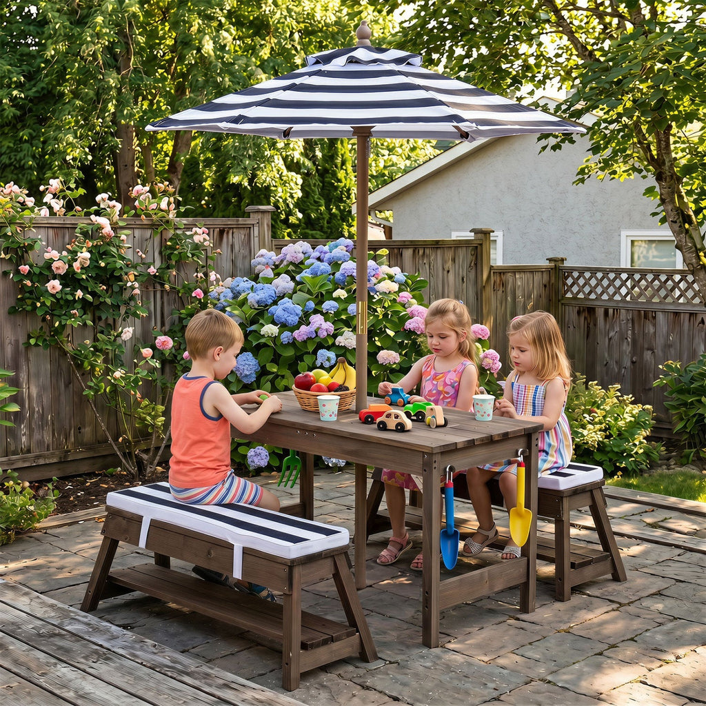 Kids Wooden Picnic Table with Umbrella & Sand/Water Bins