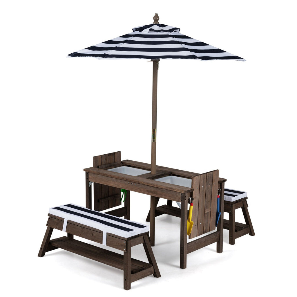 Kids Wooden Picnic Table with Umbrella & Sand/Water Bins