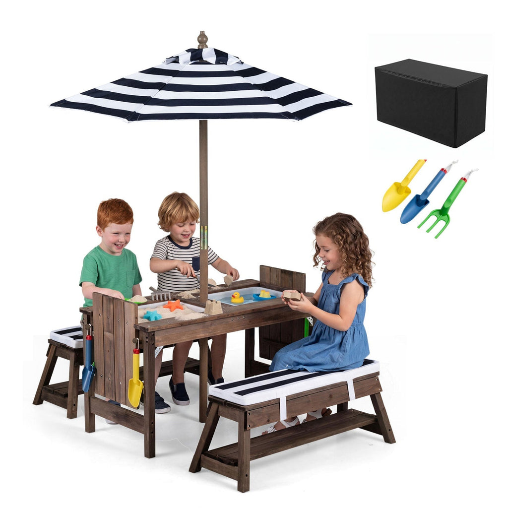 Kids Wooden Picnic Table with Umbrella & Sand/Water Bins