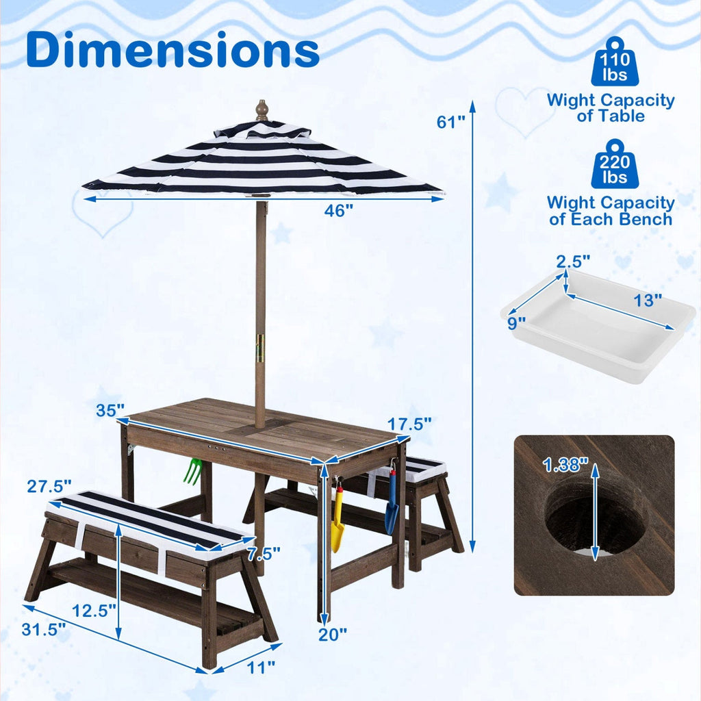 Kids Wooden Picnic Table with Umbrella & Sand/Water Bins